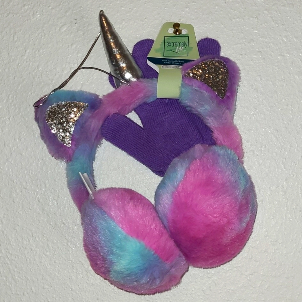 Girls 2-PC Matching Earmuffs & Gloves Glitter Multi-Color Unicorn  NWT